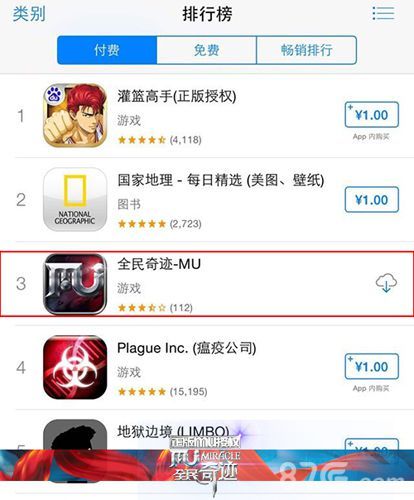图2 《全民奇迹mu》12月3日付费榜排名