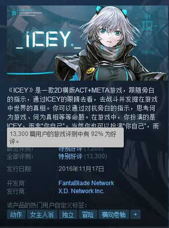 《ICEY》在 STEAM上目前好评率高达92%